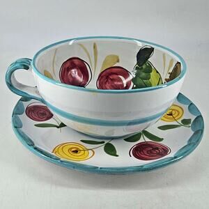Italy Ceramic Large coffee Latte Cappuccino Cup Saucer Hand Painted cherries
